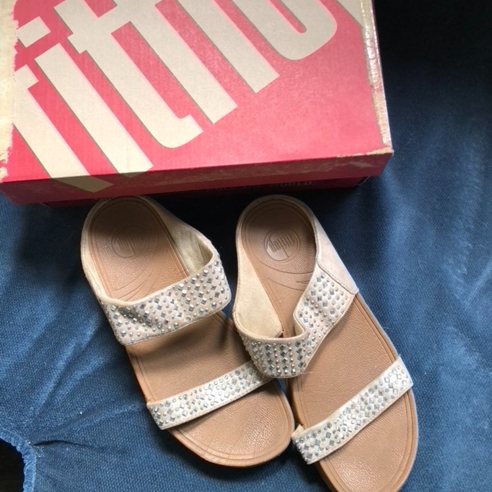 FitFlop Tan Rhinestone Double-Strap Slide Sandals
